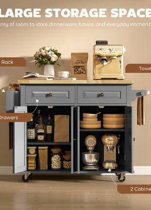 44" Mobile Kitchen Island Table, Kitchen Island Cart on Wheels with Storage Cabinets, 2 Drawers, Gray