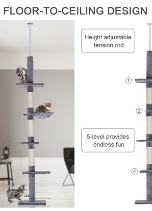 102" Adjustable Height Floor to Ceiling Cat Tree, 5 Level Cat Tower with Scratching Posts, Hammock, Gray