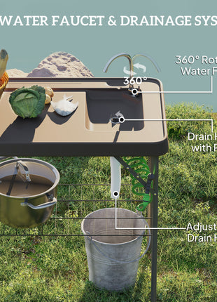 Folding Fish Cleaning Table with Sink, Portable Camping Table with Faucet, Drainage Hose, Sprayer and Shelf, Tan