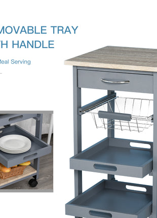 Mobile Kitchen Cart, Rolling Kitchen Island with Storage, Solid Wood Frame Utility Cart with Wire Fruit Baskets, Trays and Drawer, Gray