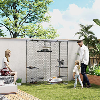 Catio Outdoor Cat Enclosure, Galvanized Steel Walk-in Cat Cage with Waterproof Cover, 5 Adjustable Platforms, Hammock