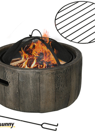 Outdoor Fire Pit, 18 Inch Metal Wood Burning Fireplace with Spark Cover, Poker, Woodgrain Design for Patio, Picnic, Backyard, Dark Brown