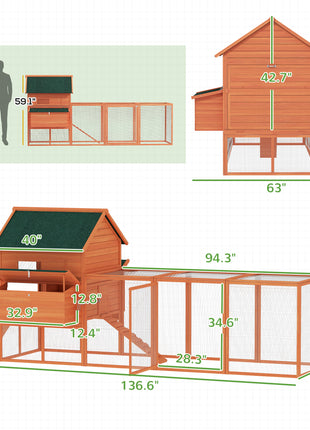 137" Wooden Chicken Coop for 4-6 Chickens, Backyard, Orange