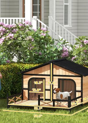 Dog House Outdoor, Wooden Dog Kennel Weatherproof with Porch, Openable Roof, Removable Bottom, Elevated Floor, Double Room for 2 Small to Medium Breeds, Natural