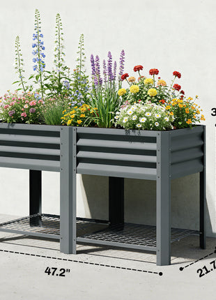 Raised Garden Bed Galvanized Steel, Elevated Planter Box with Storage Shelf, Bed Liner, 31.5" High, Dark Gray