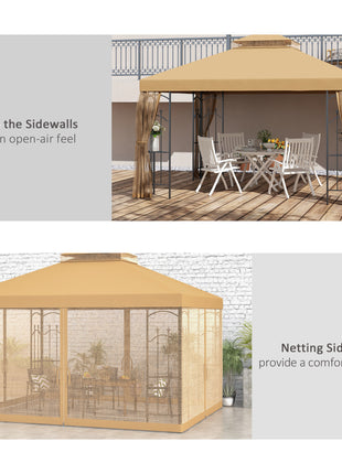 10' x 12' Patio Gazebo with Corner Frame Shelves, Double Roof Outdoor Gazebo Canopy Shelter with Netting, Brown