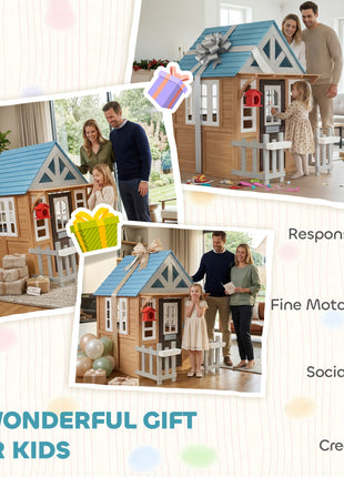 Wooden Kids Playhouse with Pet Door, Play Kitchen, Mailbox, Doorbell, Birdhouse, Fence and Windows for Pretend Play