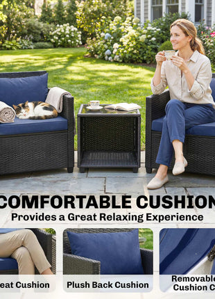 3 Piece Patio Bistro Set, Wicker Furniture Set with Thick Cushions, Glass Coffee Table and Chairs for Garden, Dark Blue