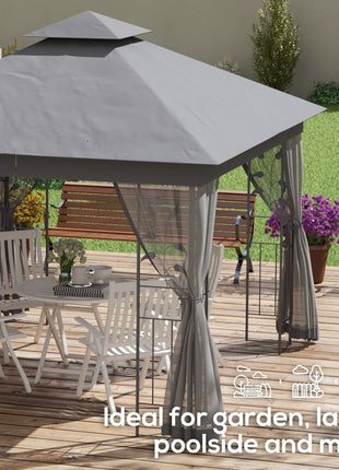 10' x 11.5' Metal Patio Gazebo, Double Roof Outdoor Gazebo Canopy Shelter w/Tree Motifs Corner Frame and Netting, Gray