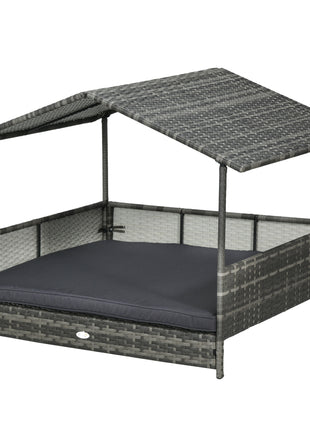 Outdoor Dog Bed with Canopy, Rattan Dog Bed with Soft Cushion Removable Cover for Medium and Large Dogs, Dark Gray