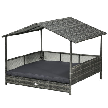 Outdoor Dog Bed with Canopy, Rattan Dog Bed with Soft Cushion Removable Cover for Medium and Large Dogs, Dark Gray