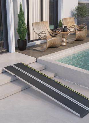 Wheelchair Ramp, 10FT Foldable Threshold Ramp, Aluminum Handicap Ramp with Non-Slip Surface, Transition Plates Above and Below for Home, Doorways, Steps, 600lbs Capacity