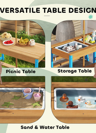 Kids Picnic Table Set with Foldable Umbrella, Removable Cushions & Boxes, Dinosaur Theme, Blue