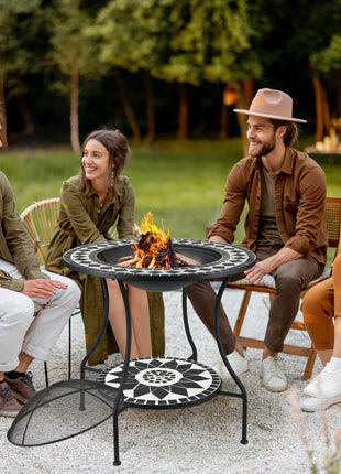30" Outdoor Fire Pit Dining Table, 3-in-1 Round Wood Burning Fire Pit Bowl, Patio Ice Bucket with Storage Shelf, Spark Screen Cover for BBQ, Bonfire, Camping, Mosaic
