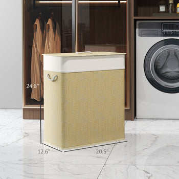 Double Laundry Basket with Lid, 26.4 Gallon Bamboo Laundry Hamper with Rope Handles and Removable Liner, Natural