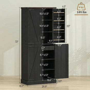 72" Tall Kitchen Pantry Cabinet, Farmhouse Storage Cabinet with 8 Door Racks and Adjustable Shelves, Black