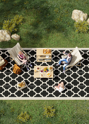 Reversible Outdoor Rug, 9' x 18' Waterproof Plastic Straw Floor Mat, Portable RV Camping Carpet, Large Floor Mat for Deck, Backyard, Picnic, Beach, Black & Beige