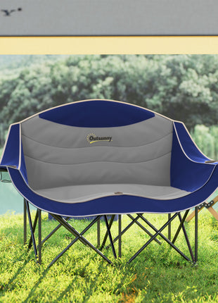 Padded Folding Camp Chair for Adults, Double Camping Chair with Armrests, Cup Holders, Carry Bag for Outdoor, Blue