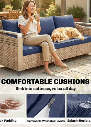 Rattan Wicker Sofa 3-Seater Outdoor Patio Sofa with Cushions for Garden Backyard Porch Dark Blue