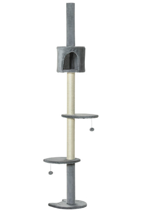 100" Cat Tree Height Adjustable Floor-to-Ceiling 4-Tier Kitty Climbing Activity Center Condo Cat Toy with Scratching Post Hanging Balls Play Rest Post Pet Furniture Grey