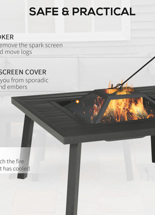 34" Fire Pit with Grill, Metal Outdoor Wood Burning Firepit with Spark Screen, Fire Poker, Cover, Table Lip, Black