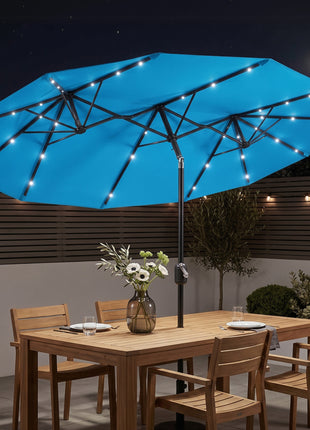 Double-sided Patio Umbrella, 9.7' Outdoor Umbrella with Tilt and Crank, LED Solar Light and 12 Ribs, Light Blue