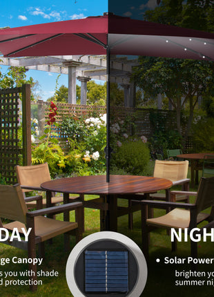 9' x 7' Solar Umbrella, LED Lighted Patio Umbrella for Table or Base with Tilt & Crank, Outdoor Umbrella for Garden, Deck, Backyard, Pool, Beach, Wine Red