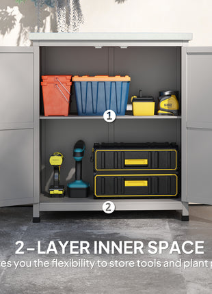 Wooden Storage Cabinet, Outdoor Prep Table with Metal Tabletop, Shelves and Double Doors for Patio, Garden, Gray