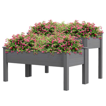 2 Tier Raised Garden Bed, Wooden Elevated Planter Box with Legs, Outdoor Plant Bed for Flowers Vegetables Herbs Gray