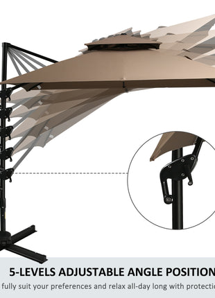 10ft Offset Patio Umbrella with Base, Double Top Hanging Aluminum Cantilever Umbrella with 360-degree Rotation, Easy Tilt, 8 Ribs, Crank, Cross Base, Cover, Strap, Coffee