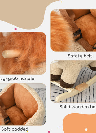 Baby Rocking Horse Lion with Sound, Plush Stuffed Rocking Animals, Wooden Rocking Horse with Seat Belt for 18-36 Months Boys and Girls Gift, Brown