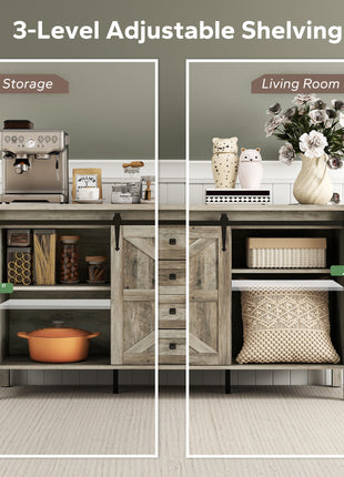 59" Buffet Cabinet, Farmhouse Sideboard with Thick Top, 2 Barn Doors, 4 Drawers and 2 Adjustable Shelves, Gray Wash