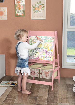 Art Easel for Kids with Paper Roll, Blackboard, Whiteboard, Storage, Pink