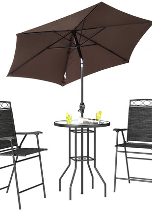 4 Piece Outdoor Bar Set with Umbrella, Patio Dining Set with 2 Folding Chairs, Wave Textured Tempered Glass Table for Backyard, Garden, Deck, Poolside, Black