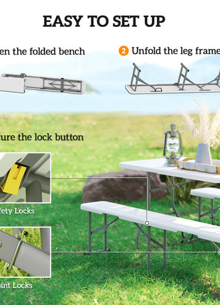 2 Pack 6 ft Portable Foldable Bench Seats, Plastic Folding Benches with Carrying Handle for Camping, White
