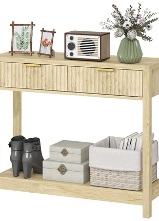 35" Console Table with Storage, Narrow Entryway Table with Fluted Panel Drawers and Shelf for Hallway, Natural