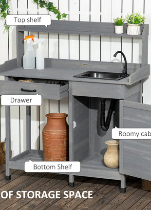 Potting Bench Table with Removable Sink, Outdoor Work Bench Table with Storage Cabinet, Hooks, Faucet and Drawer for Greenhouse, Garden, Patio, Gray