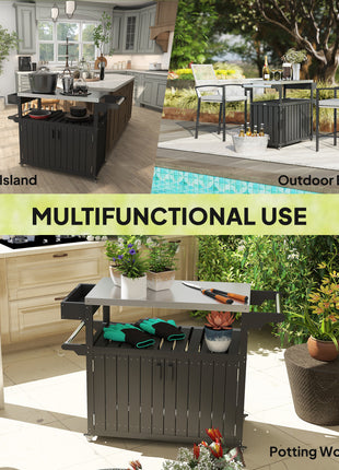 Outdoor Bar Cart with Storage, Stainless Steel Outdoor Bar Table Top, Wheeled HDPE Kitchen Island for Food Prep, Black