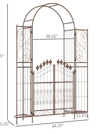 7' Metal Garden Arbor, Garden Arch with Gate, Fleur De Lis Motif, Latching Doors, Planter Shelves for Climbing Vines, Ceremony, Weddings, Party, Garden, Backyard, Lawn, Brown
