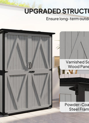 Wood Storage Shed, Outdoor Garden Shed with Asphalt Roof, 2 Shelves, Lockable Doors and Adjustable Feet, Gray