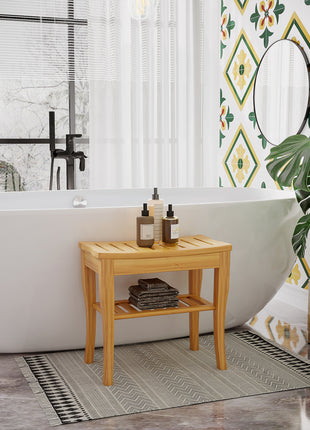 Long Bamboo Shower Bench Seat, 20" Wooden Spa Shower Stool with Underneath Storage Shelf Shoe Organizer