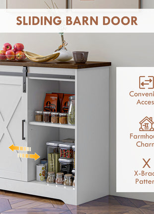Farmhouse Kitchen Sideboard Buffet Cabinet Coffee Bar Cabinet with Sliding Barn Door and Adjustable Shelf White