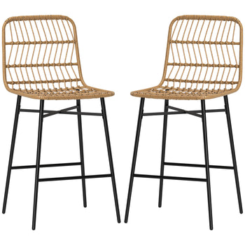 Rattan Counter Bar Stools Set of 2, 26" Counter Height Barstools with Back, Bar Chairs for Kitchen Island, Brown