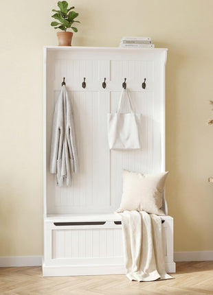 3-In-1 Entryway Bench with Coat Rack, Hall Tree with Bench and Shoe Storage, 5 Hooks for Hallway Cream White