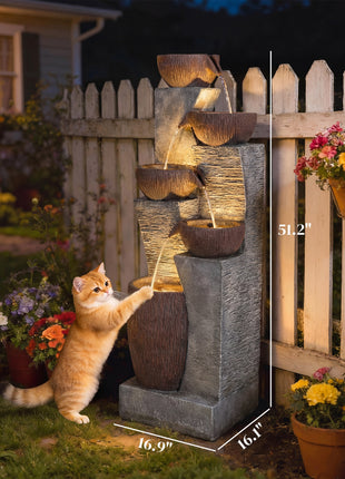 Outdoor Water Fountain with 5-Tier Crock Design, 51.2" Tall Cascading Waterfall Garden Fountain with LED Lights