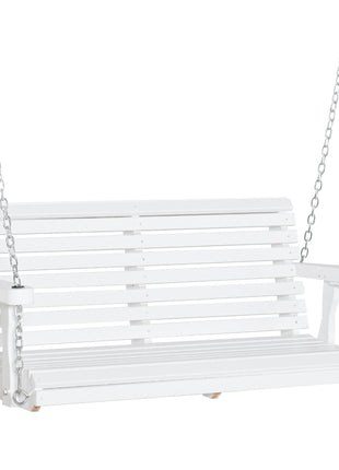 46" 2-Person Porch Swing Wooden Patio Swing Bench with Cup Holders, Slatted Design, Chains, 440lb Weight Capacity, White