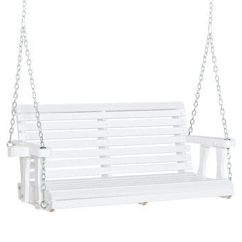 46" 2-Person Porch Swing Wooden Patio Swing Bench with Cup Holders, Slatted Design, Chains, 440lb Weight Capacity, White