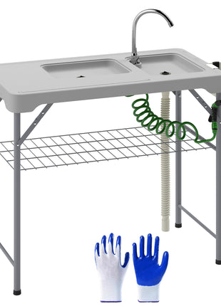 Folding Fish Cleaning Table with Sinks, Portable Camping Sink Table with Faucet, Drainage Hose, Sprayer, Shelf, Drawer and Storage Basket, Outdoor Fillet Table for Picnic Beach Patio, Gray