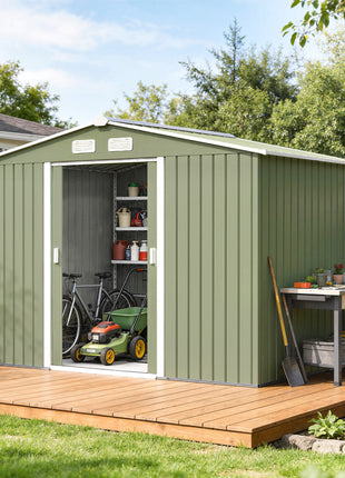 9' x 6' Outdoor Storage Shed, Garden Tool Metal Shed with Foundation Kit, Double Lockable Door, Air Vents and Sloping Roof, for Backyard, Patio, Lawn, Green