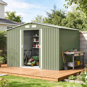 9' x 6' Outdoor Storage Shed, Garden Tool Metal Shed with Foundation Kit, Double Lockable Door, Air Vents and Sloping Roof, for Backyard, Patio, Lawn, Green